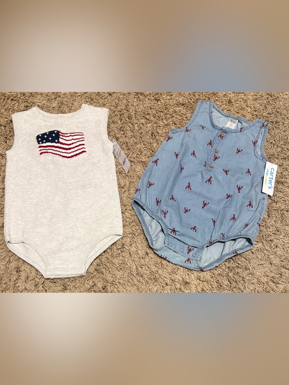 Carter’s Bodysuits Summer Bundle (Knit Flag) (Cotton Lobster) Size: 6-9 Months